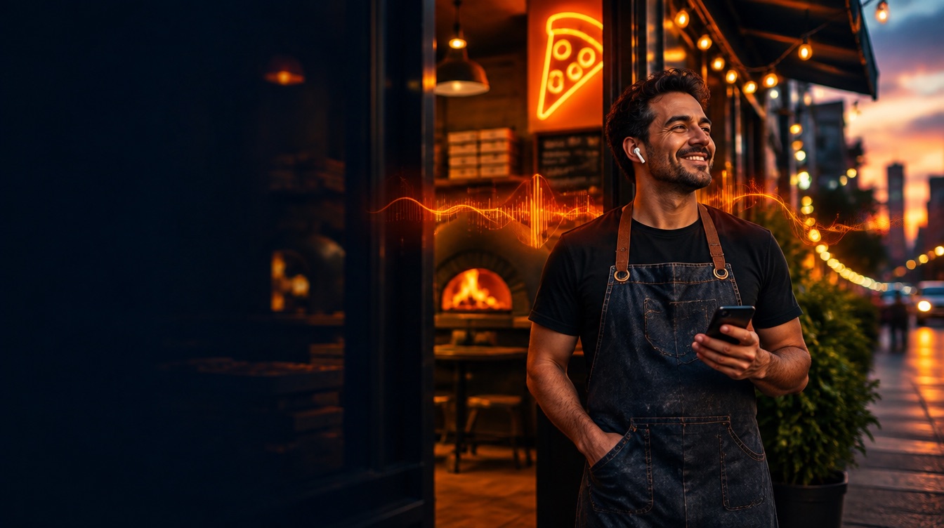Dono de pizzaria sorrindo na porta da loja enquanto ouve a música da própria empresa